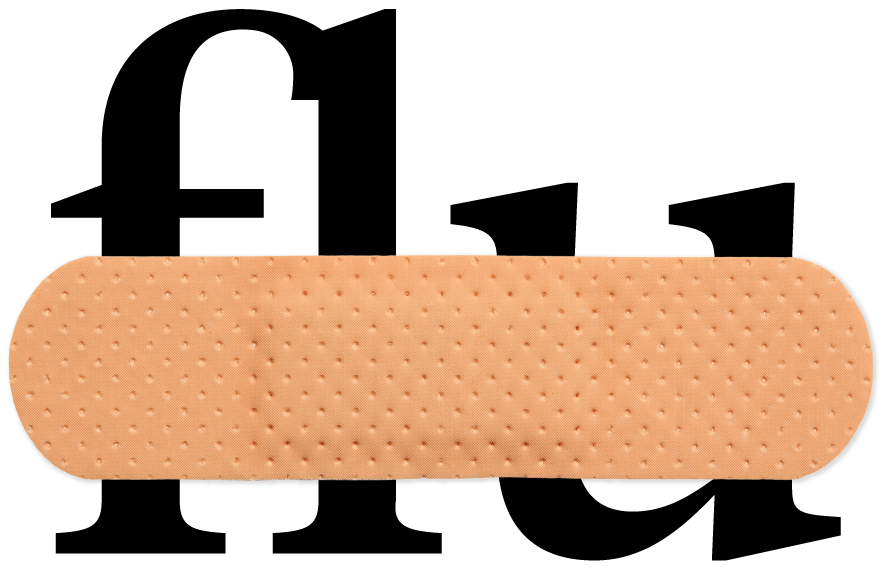 The word flu struck through with a small bandage