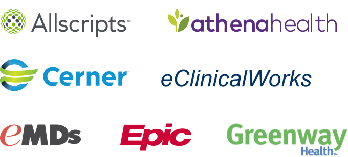 Logos of the popular EHRs Allscripts, athenahealth, Cerner, eClinicalWorks, eMDs, Epic, and Greenway Health.