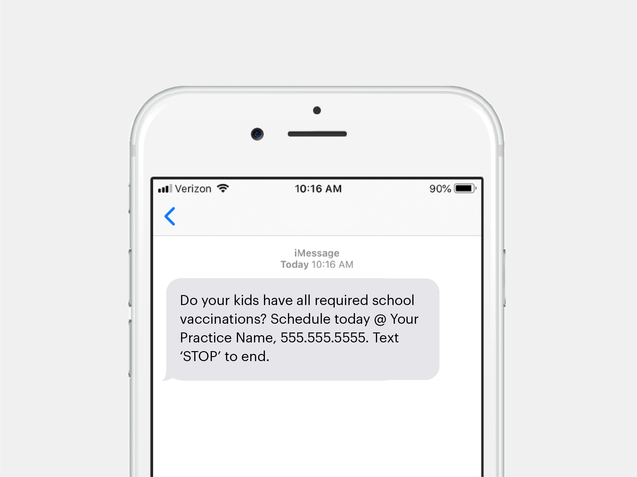 Text message to patient reminding them that their child is due for vaccination.