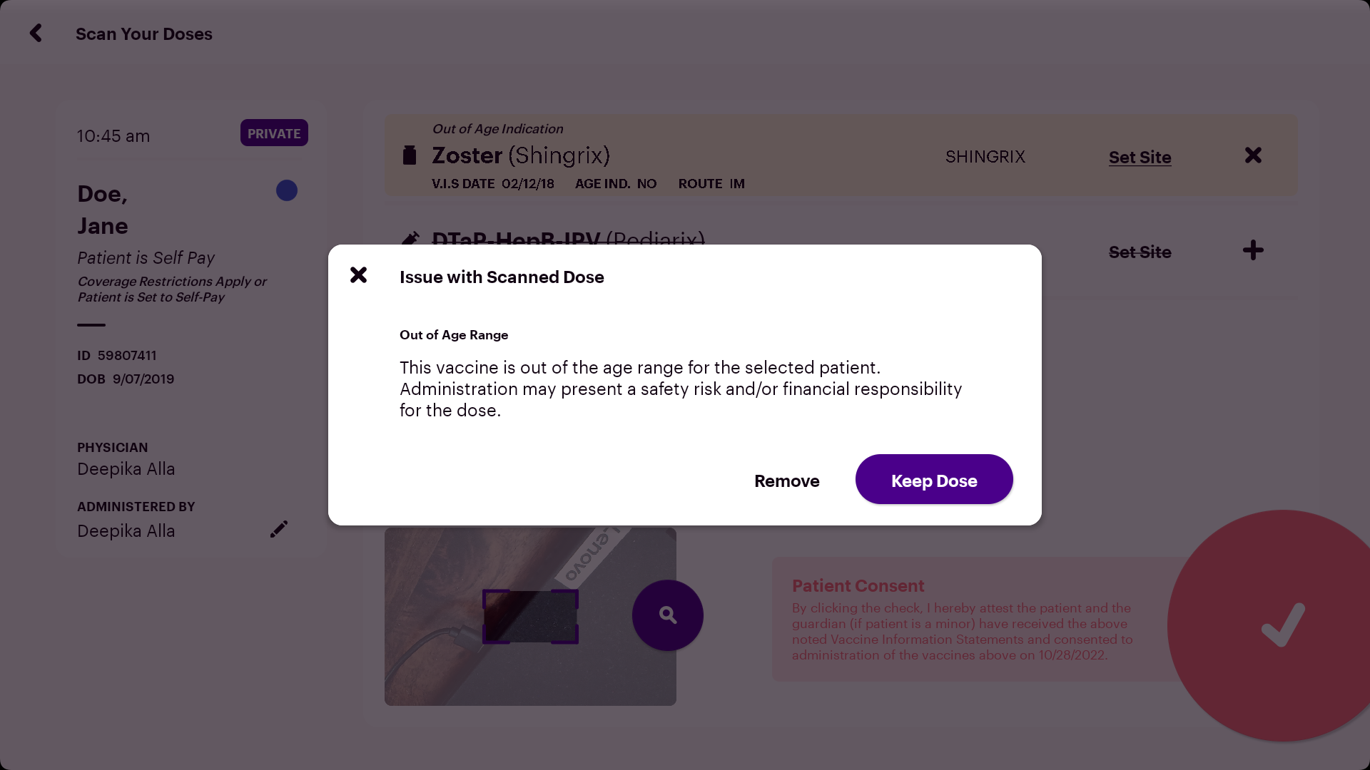 Screenshot from a VaxCare Hub showing a warning dialog.